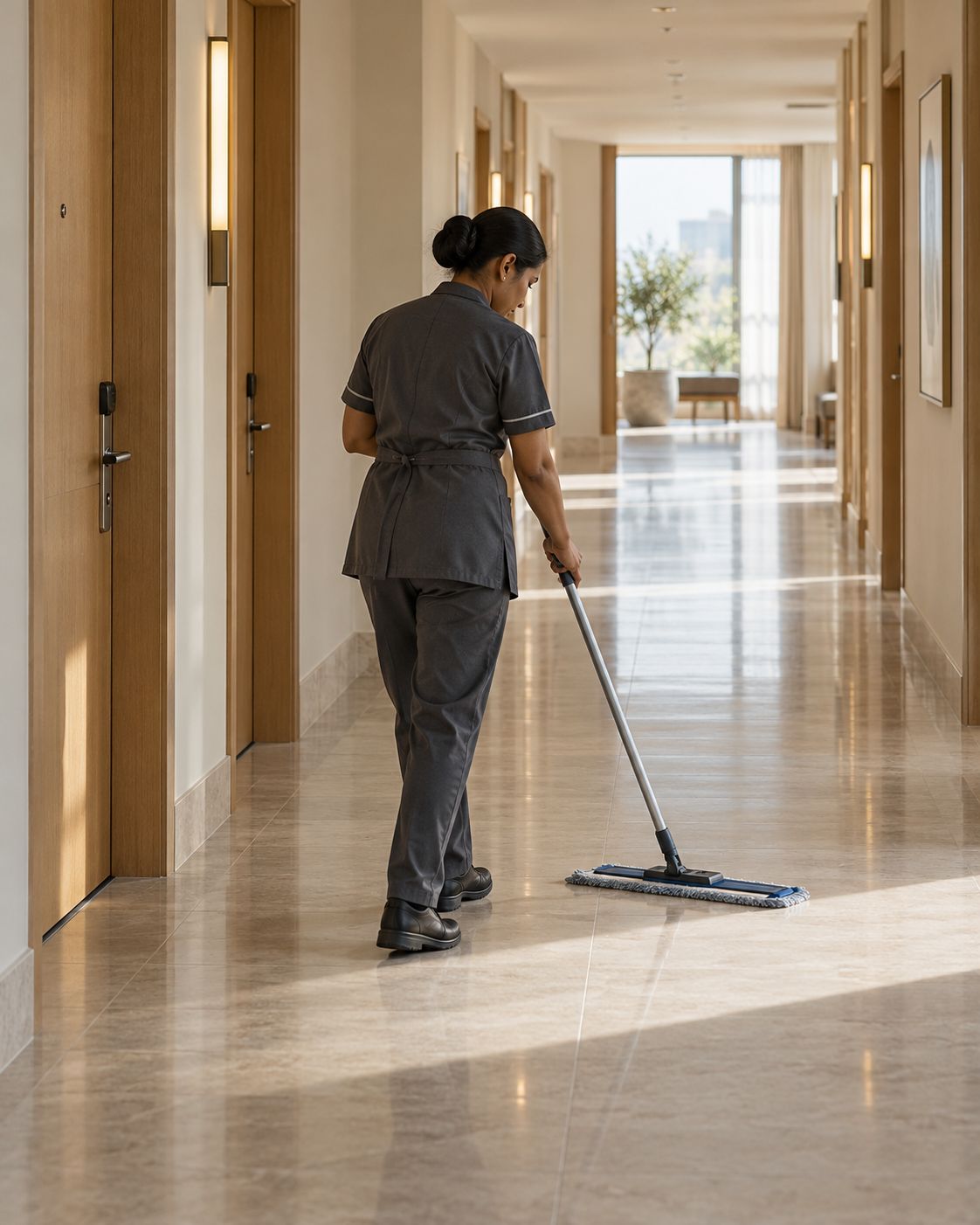 AI-generated editorial image of a housekeeping professional in a hotel corridor