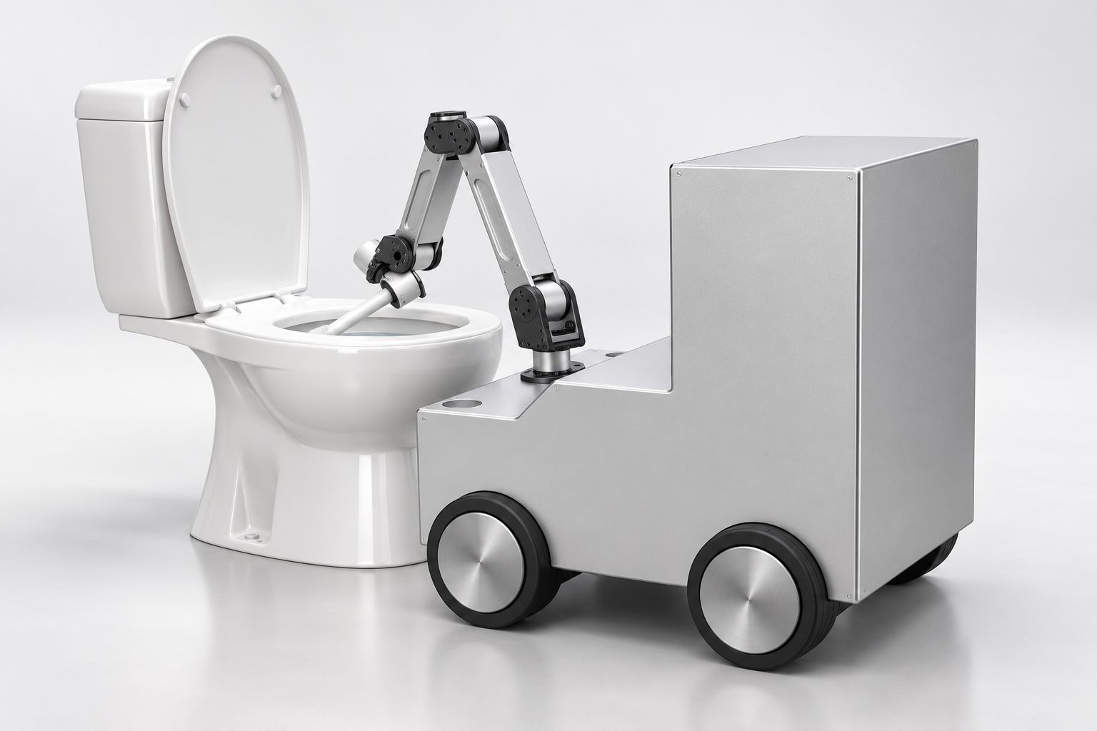 Concept render of the complete LeevAI robot, with a cleaning arm reaching into a toilet and supplies carried on a wheeled base
